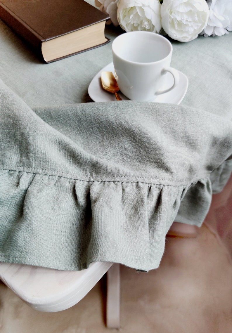 Linen tablecloth for kitchen decor, Custom size cloth in rectangle, oval, or round Sage green boho table cloth Large tablecloth with ruffles