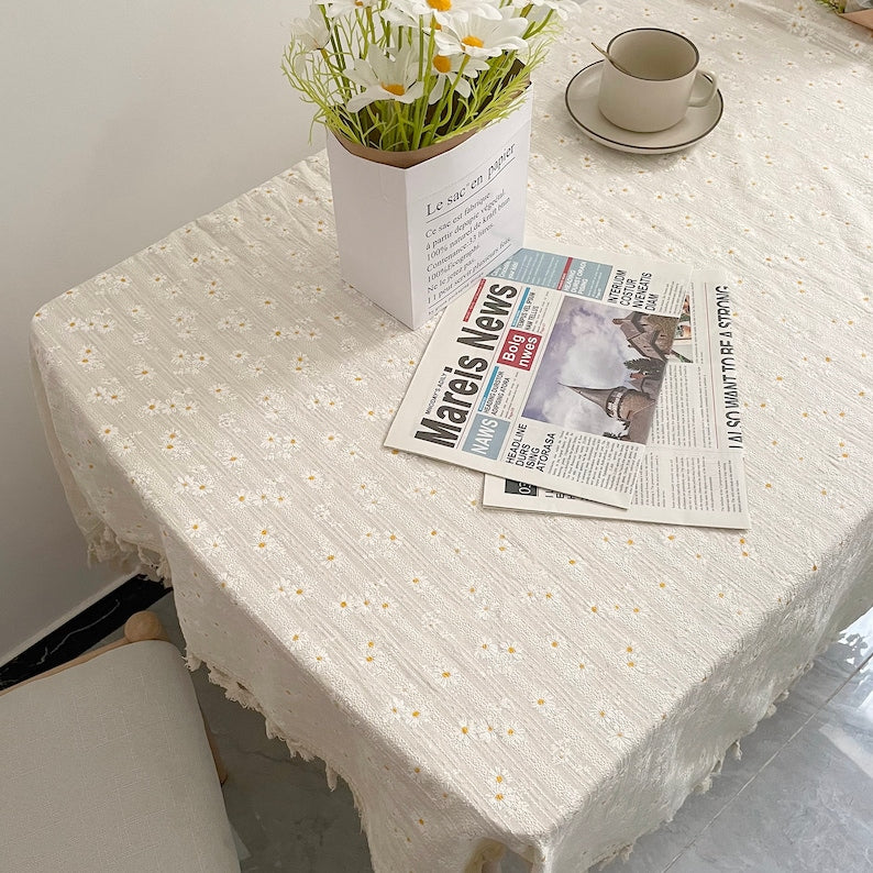 Yellow Daisy Cotton Tablecloth Square Oval Round Dining Room Decor