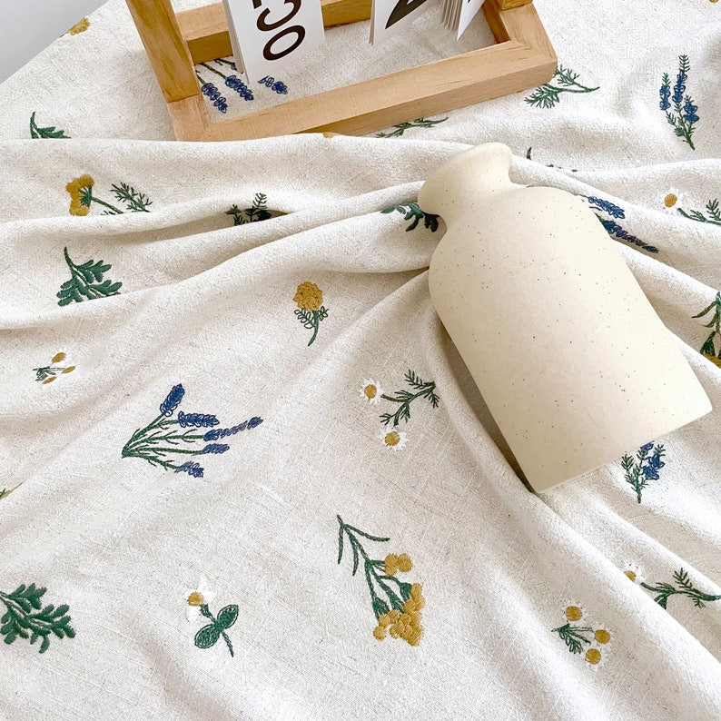 Cotton Linen Tablecloth Embroidery Floral Rectangle Oval White Beige Cyan