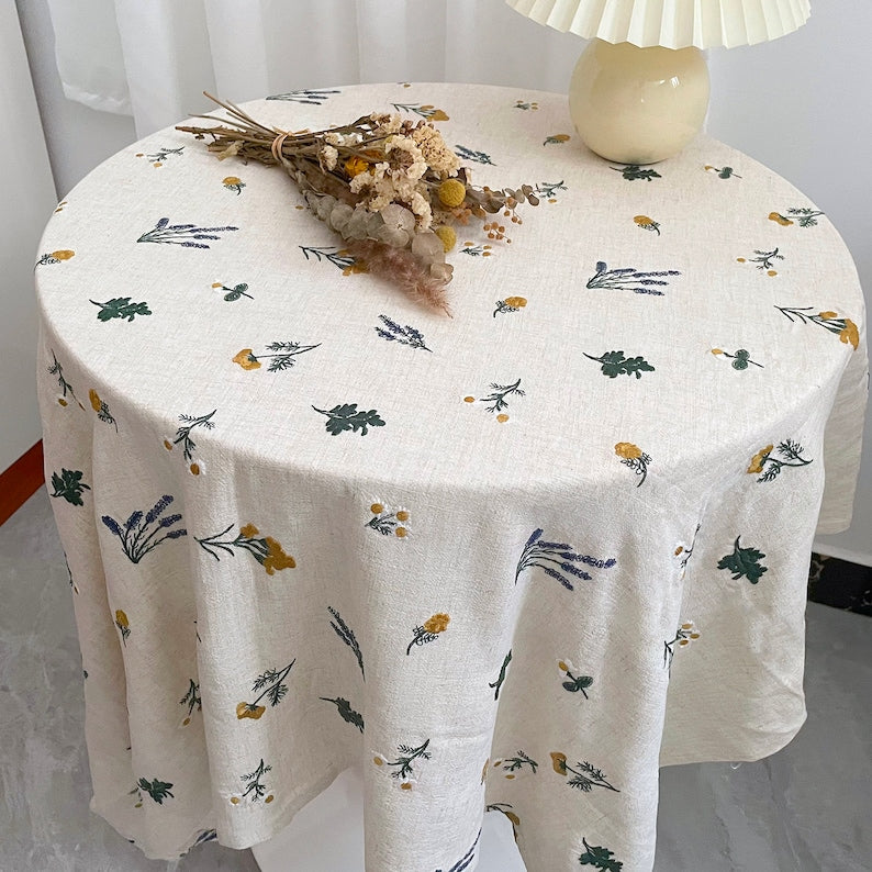 Cotton Linen Tablecloth Embroidery Floral Rectangle Oval White Beige Cyan