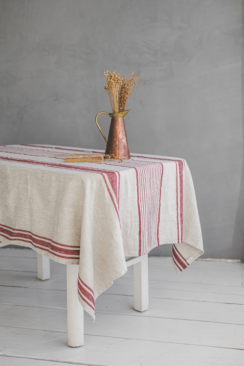 Striped Linen Tablecloth French Style Farmhouse Vintage Dining Cover