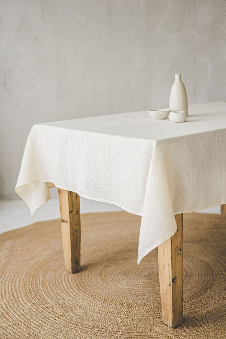 White linen tablecloth with black stripes, Handmade natural linen tablecloth, Rectangle, square tablecloth, Linen tablecloth for home decor.
