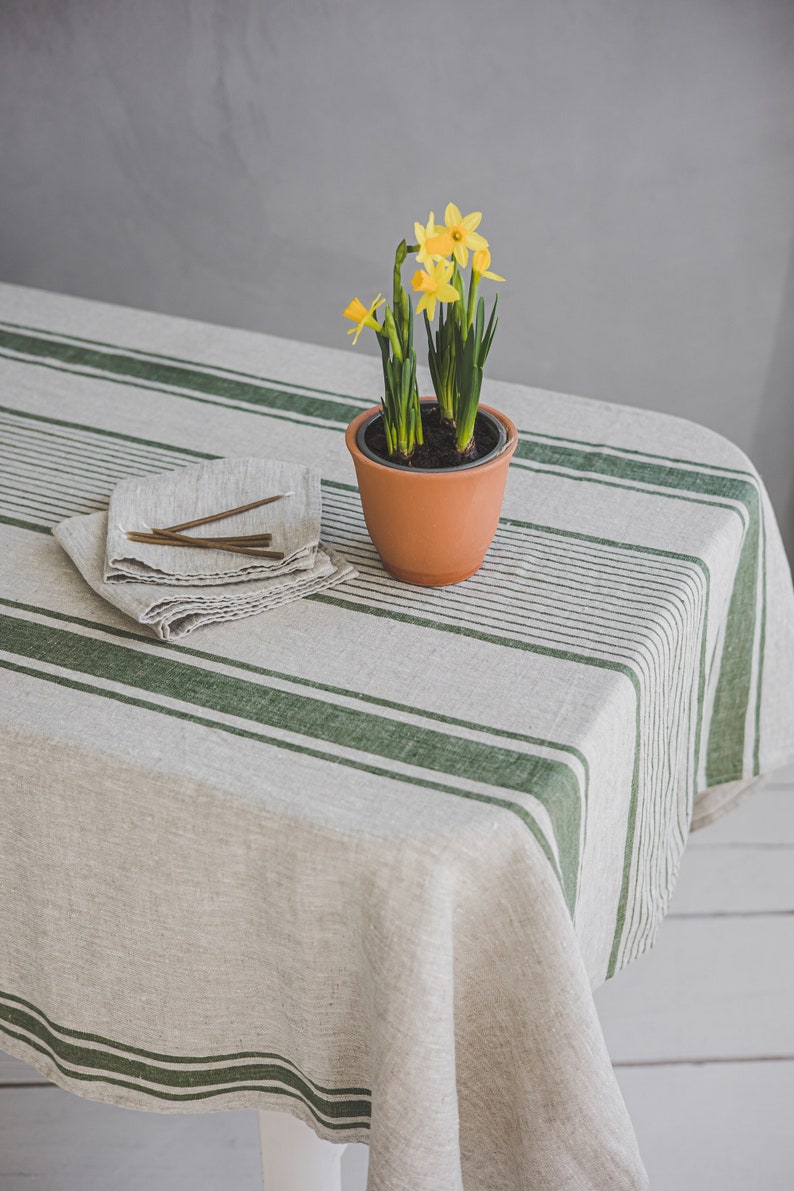 Striped Linen Tablecloth French Style Farmhouse Vintage Dining Cover