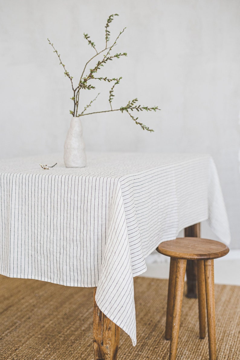 White linen tablecloth with black stripes, Handmade natural linen tablecloth, Rectangle, square tablecloth, Linen tablecloth for home decor.