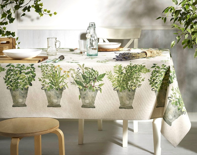 PROVENCE GARDEN LINEN Rectangular Cotton Coated Tablecloth French Herbs Wildflowers Wipe Off Fabric Indoor Outdoor Rectangle Table Decor