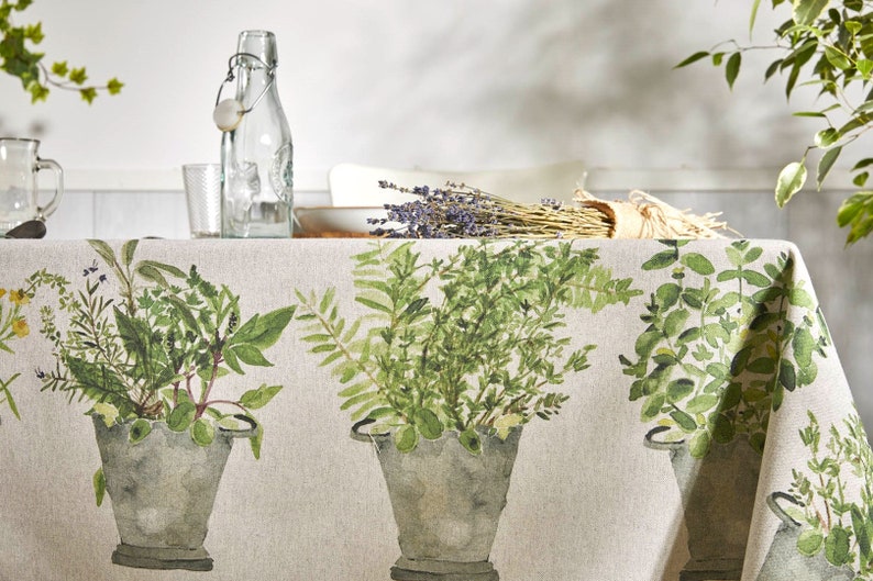 PROVENCE GARDEN LINEN Rectangular Cotton Coated Tablecloth French Herbs Wildflowers Wipe Off Fabric Indoor Outdoor Rectangle Table Decor