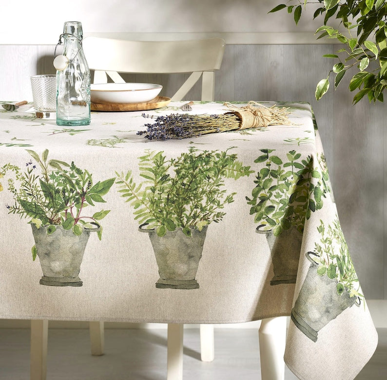 PROVENCE GARDEN LINEN Rectangular Cotton Coated Tablecloth French Herbs Wildflowers Wipe Off Fabric Indoor Outdoor Rectangle Table Decor