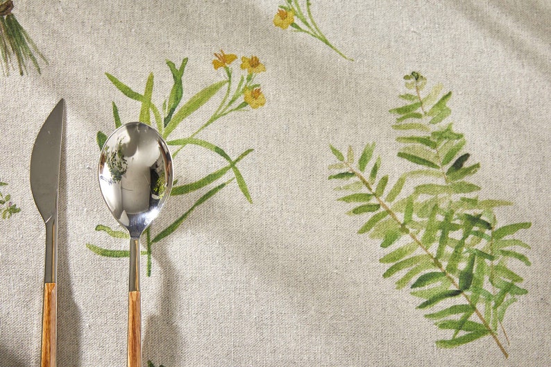 PROVENCE GARDEN LINEN Rectangular Cotton Coated Tablecloth French Herbs Wildflowers Wipe Off Fabric Indoor Outdoor Rectangle Table Decor