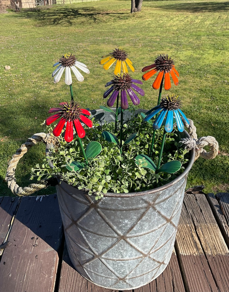 Iron Coneflower Garden Stake 15" Vibrant Metal Flower Yard Art