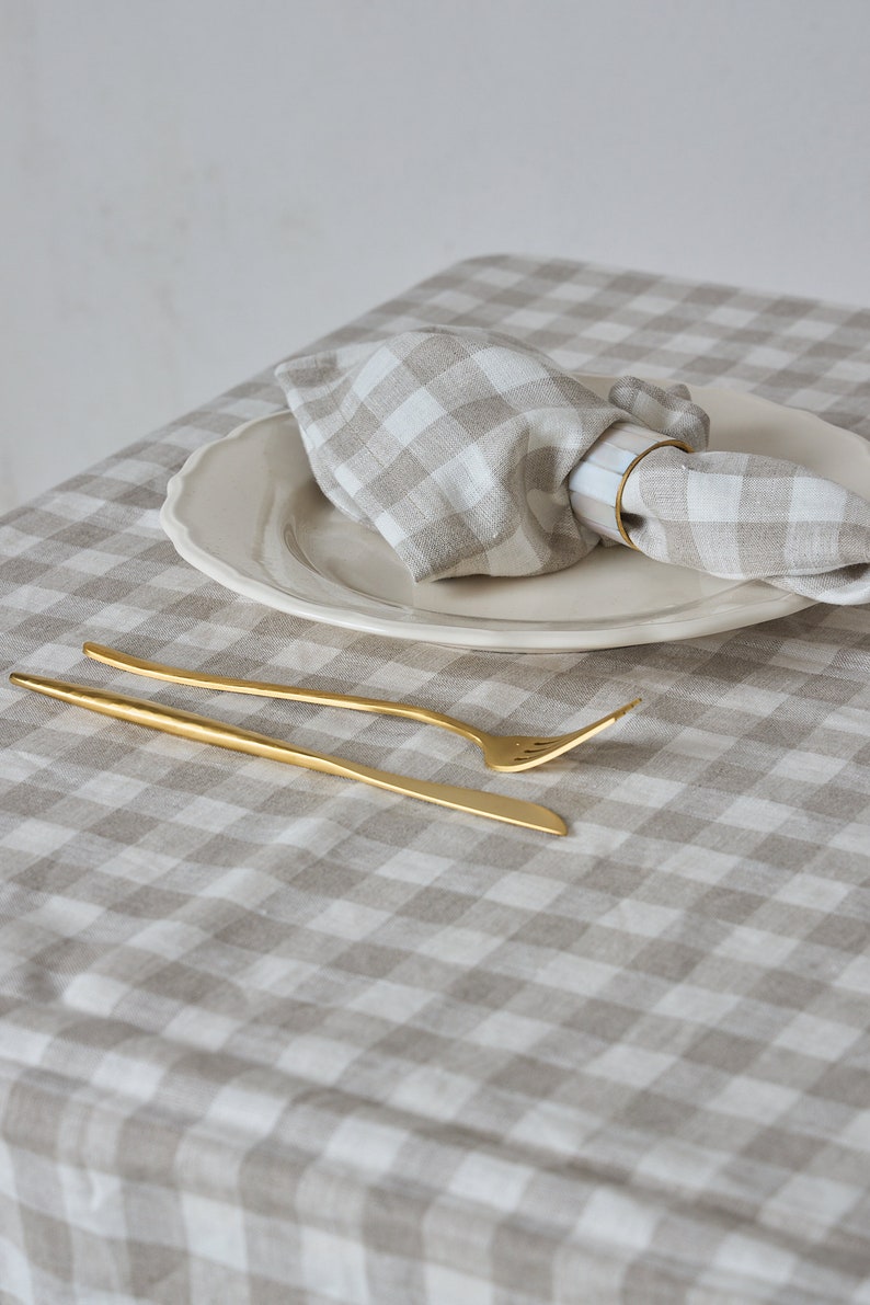 White and Natural Checked Linen Tablecloth Rectangle Square Dining Decor