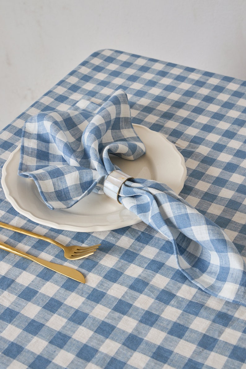 White and Natural Checked Linen Tablecloth Rectangle Square Dining Decor