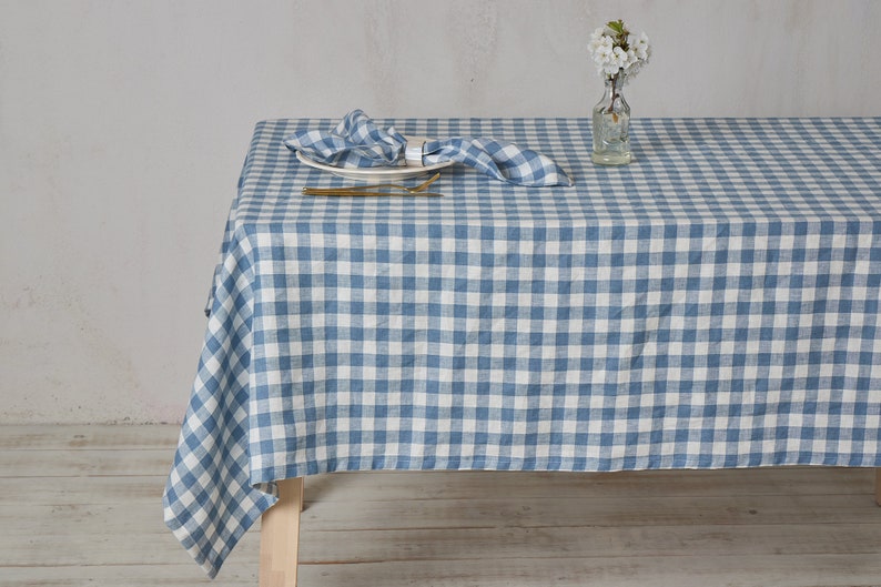White and Natural Checked Linen Tablecloth Rectangle Square Dining Decor