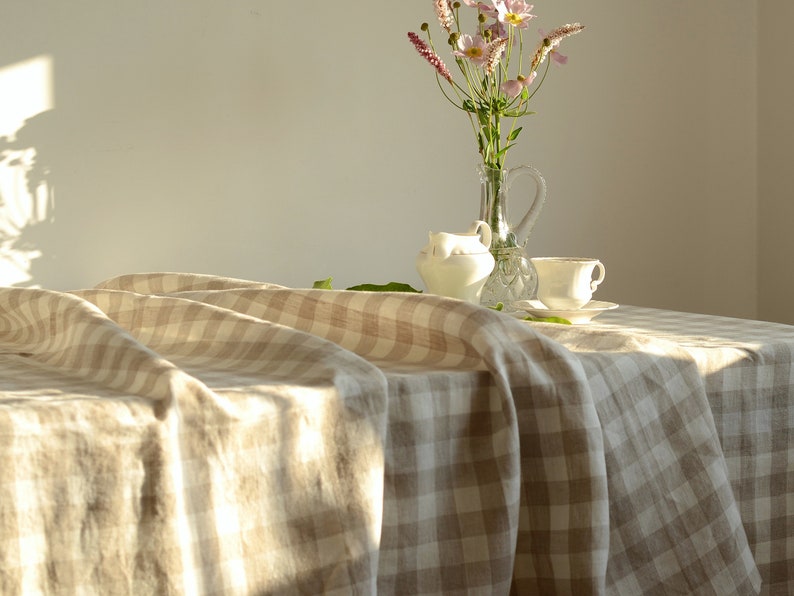 Checkered Linen Tablecloth Farmhouse Natural Beige Rustic Dining Cover