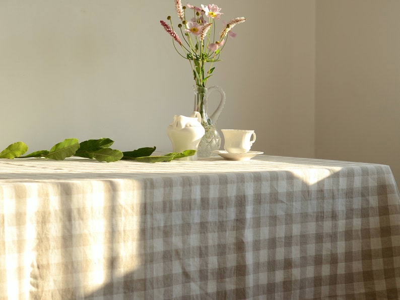Checkered Linen Tablecloth Farmhouse Natural Beige Rustic Dining Cover