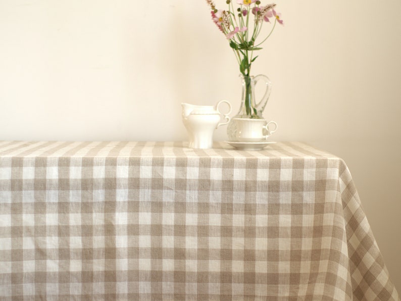 Checkered Linen Tablecloth Farmhouse Natural Beige Rustic Dining Cover