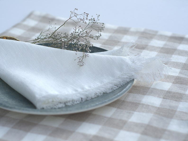 Checkered Linen Tablecloth Farmhouse Natural Beige Rustic Dining Cover