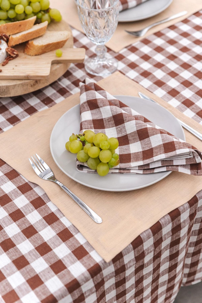 Linen tablecloth in Mocha Gingham. Custom tablecloth. Thanksgiving tablecloth. Christmas tablecloth.