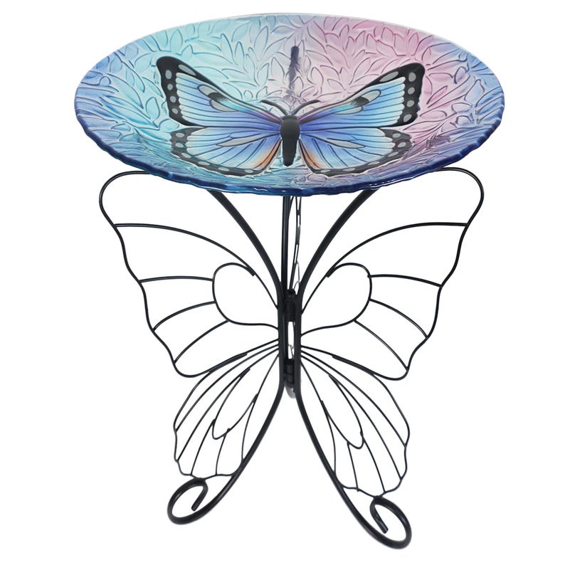 18" Blue Butterfly Glass Bird Bath Feeder with Stand