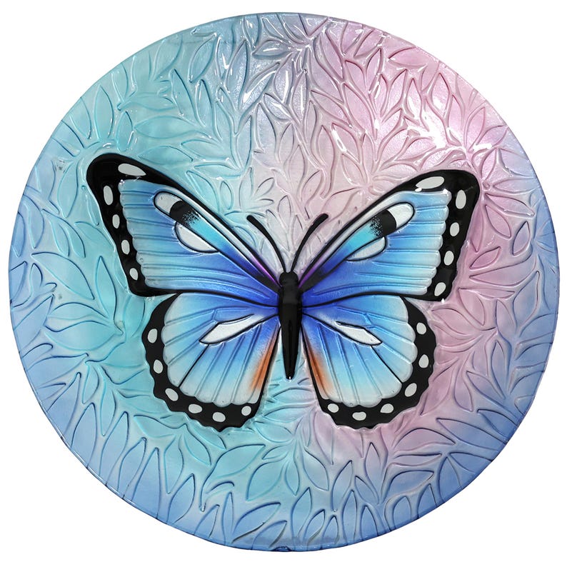 18" Blue Butterfly Glass Bird Bath Feeder with Stand