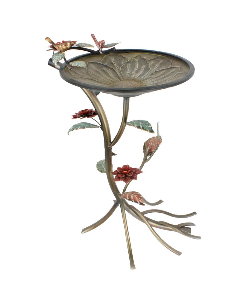 Metal Bird Bath Feeder with Flower Center Tree Branch Stand
