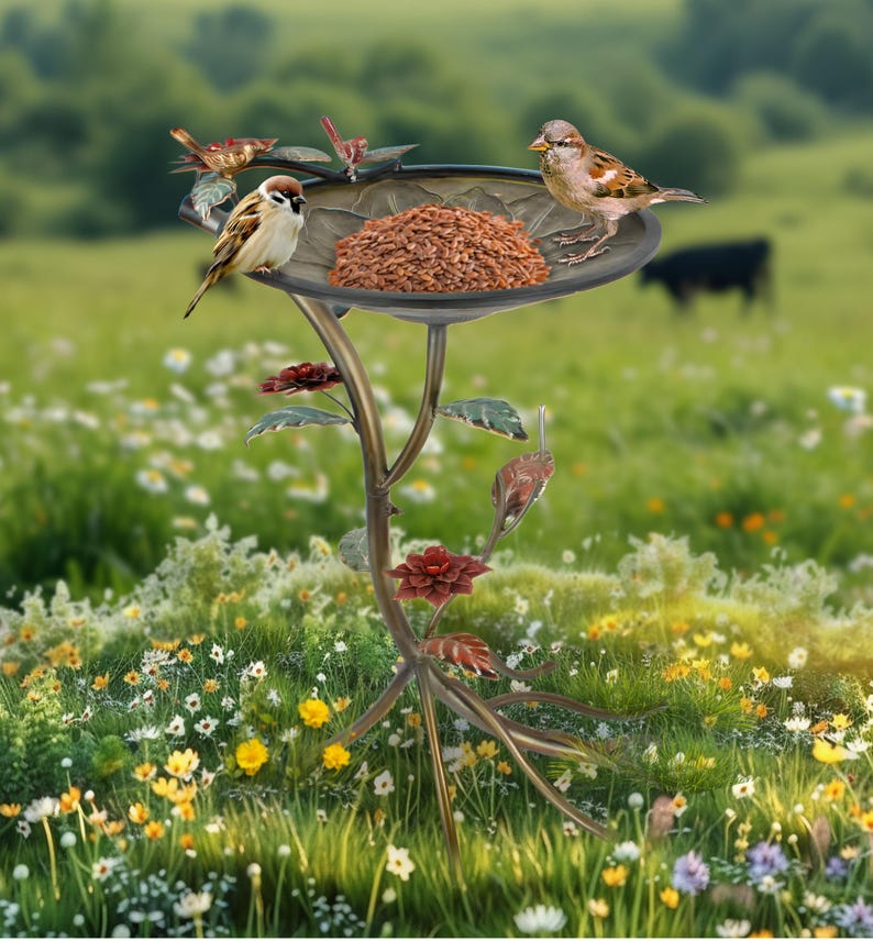 Metal Bird Bath Feeder with Flower Center Tree Branch Stand
