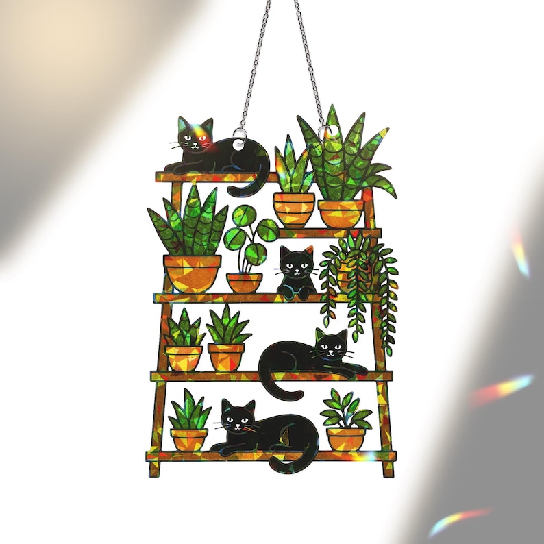 Cat and Plant Acrylic Suncatcher Holographic Window Hanging Decor