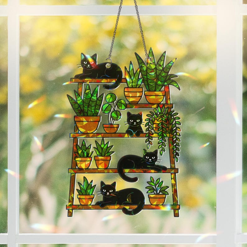 Cat and Plant Acrylic Suncatcher Holographic Window Hanging Decor