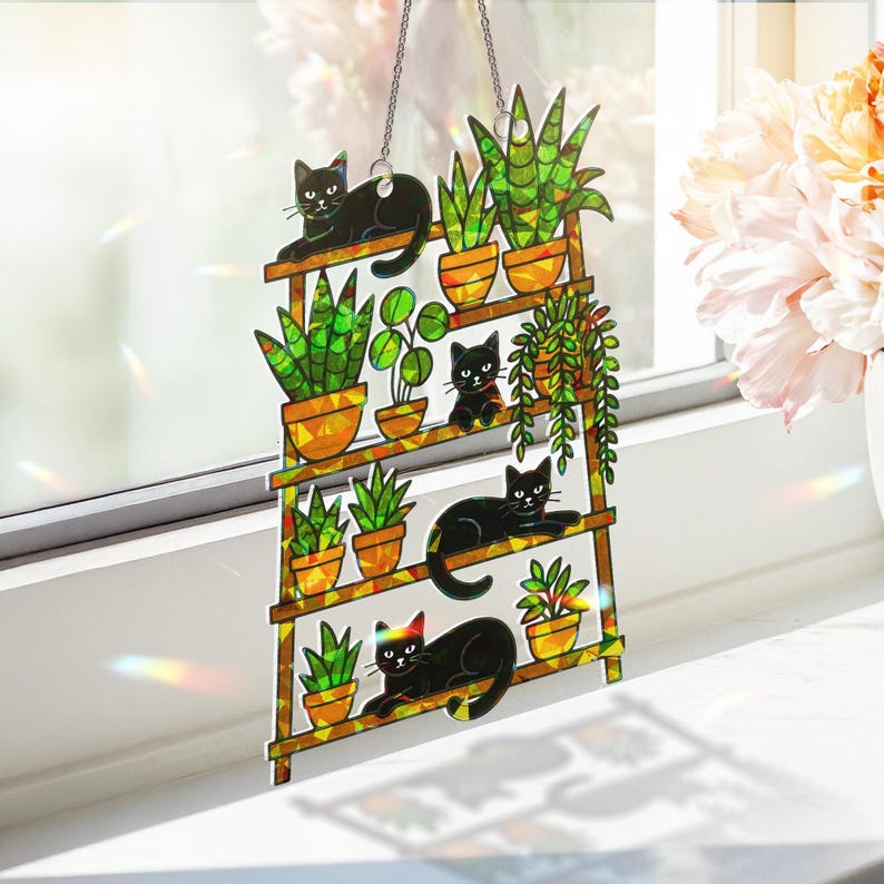Cat and Plant Acrylic Suncatcher Holographic Window Hanging Decor