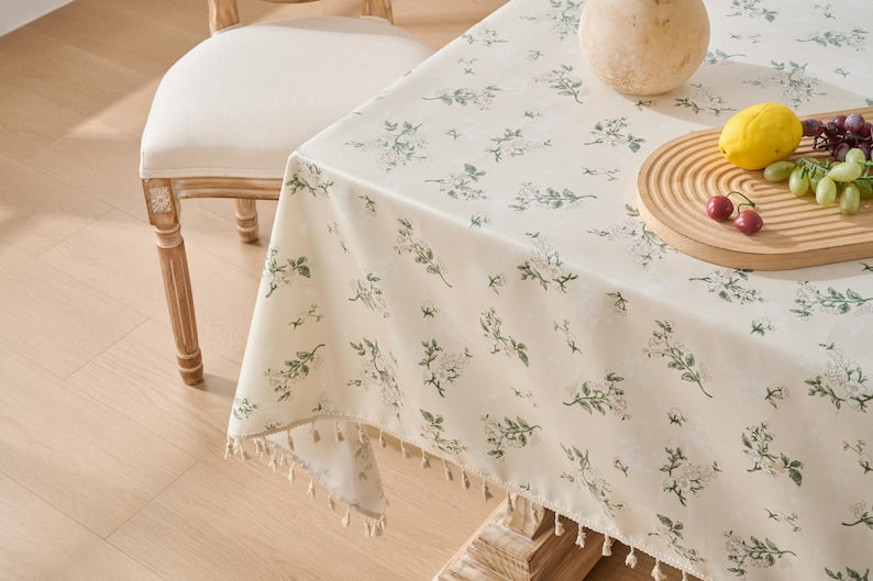 Floral Oilcloth Tablecloth with Tassels – Waterproof Wipeable Table Cover – Vintage French Country Table Decor – Stain Resistant Easy Clean