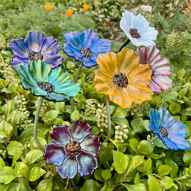 Fused Glass Flower Garden Stake Handcrafted Metal Stem Decoration