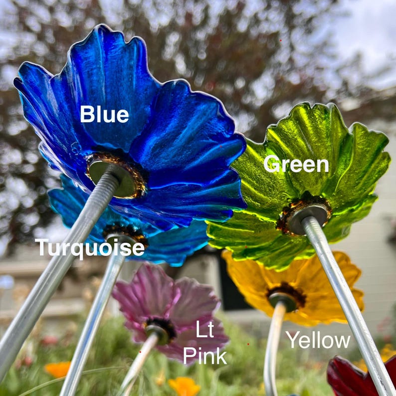 Fused Glass Flower Garden Stake Handcrafted Metal Stem Decoration