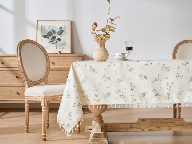 Floral Oilcloth Tablecloth with Tassels – Waterproof Wipeable Table Cover – Vintage French Country Table Decor – Stain Resistant Easy Clean