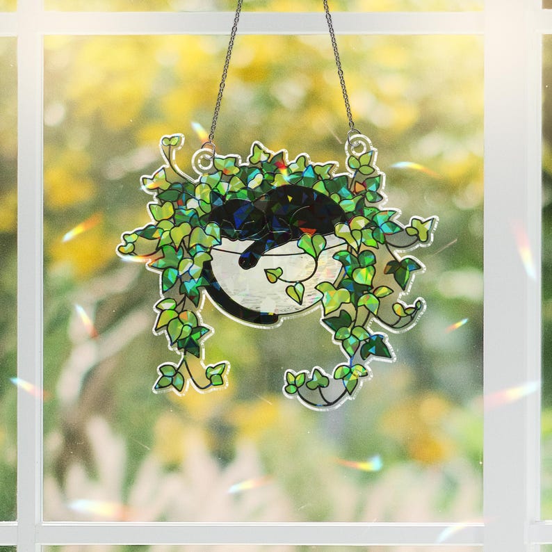 Holographic Black Cat Suncatcher Acrylic Window Plant Decor