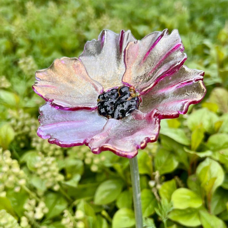 Fused Glass Flower Garden Stake Handcrafted Metal Stem Decoration