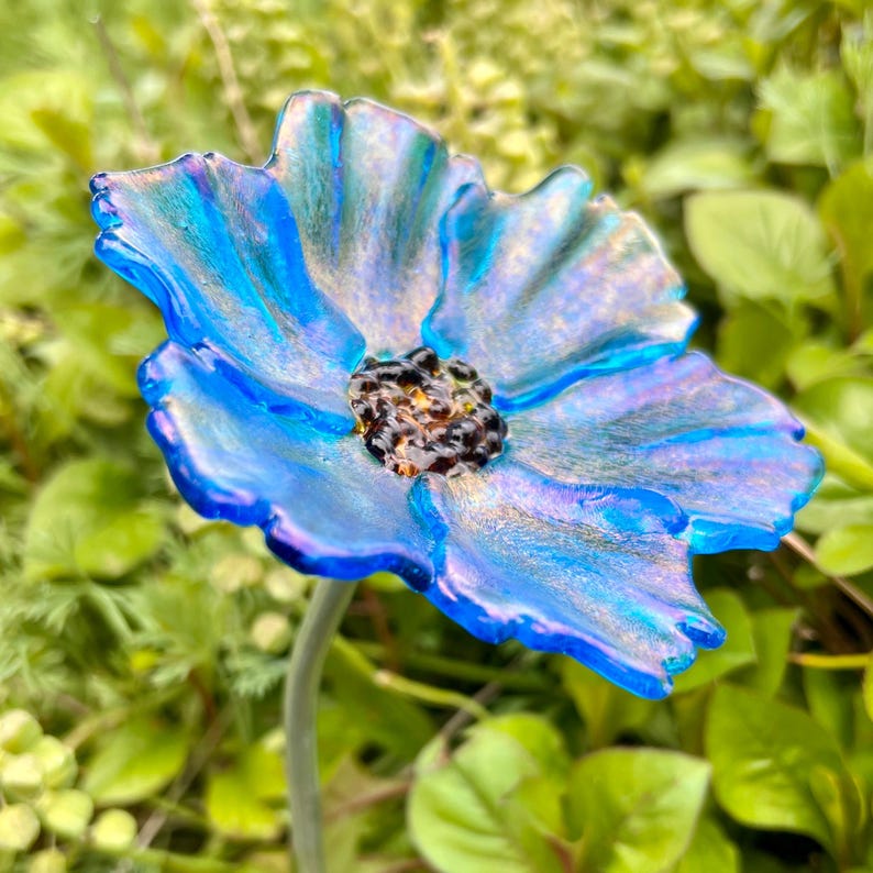 Fused Glass Flower Garden Stake Handcrafted Metal Stem Decoration