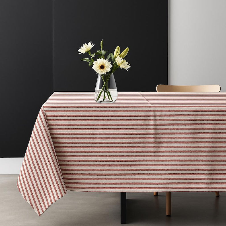 Red and White Striped Cotton Tablecloth Round Farmhouse Kitchen Decor
