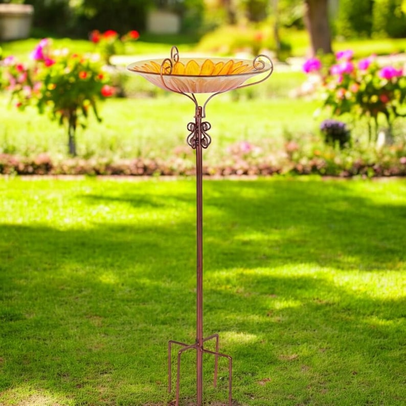 Sunflower Glass Bird Bath Feeder Bowl with Metal Stake
