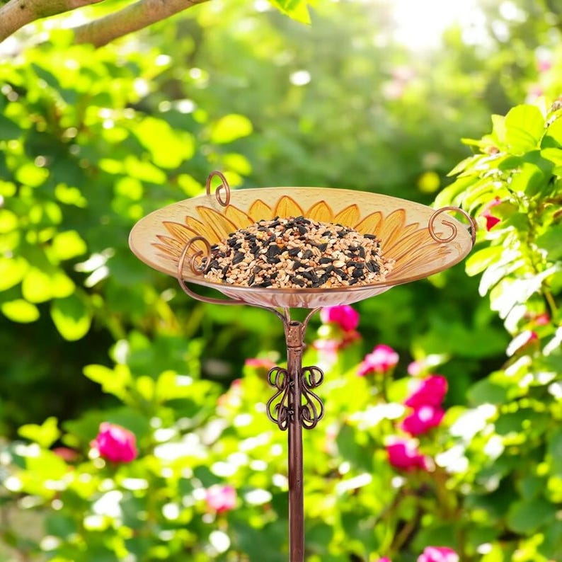 Sunflower Glass Bird Bath Feeder Bowl with Metal Stake