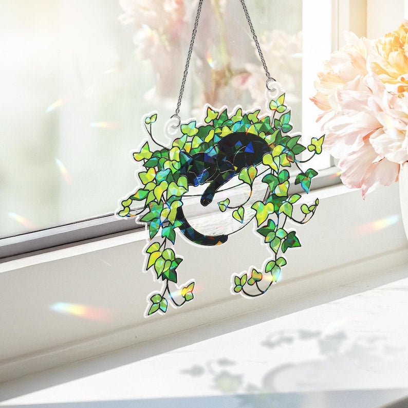 Holographic Black Cat Suncatcher Acrylic Window Plant Decor