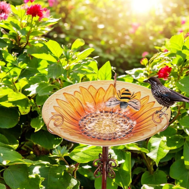 Sunflower Glass Bird Bath Feeder Bowl with Metal Stake