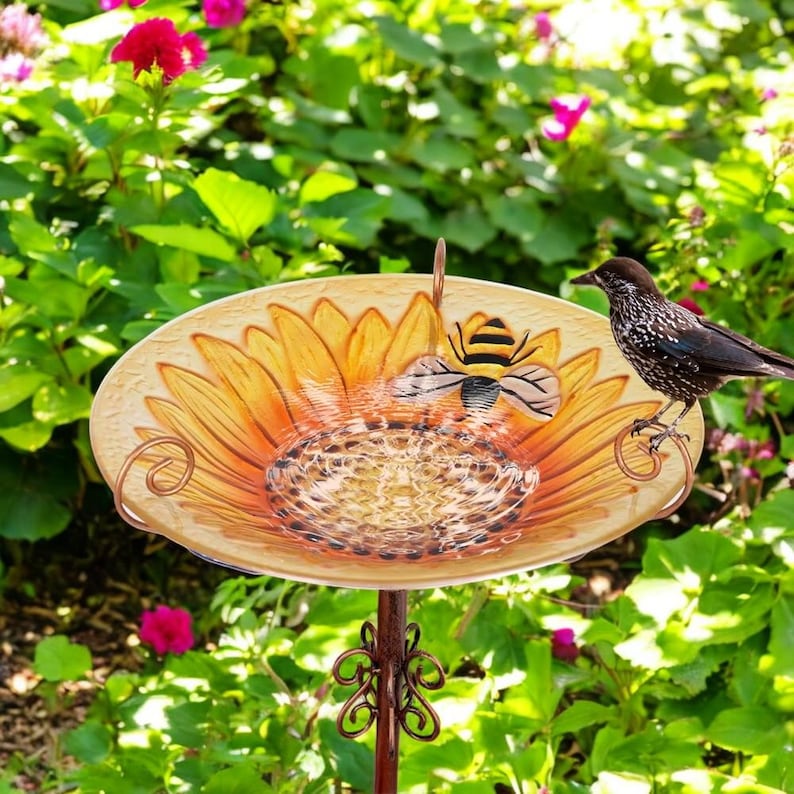 Sunflower Glass Bird Bath Feeder Bowl with Metal Stake