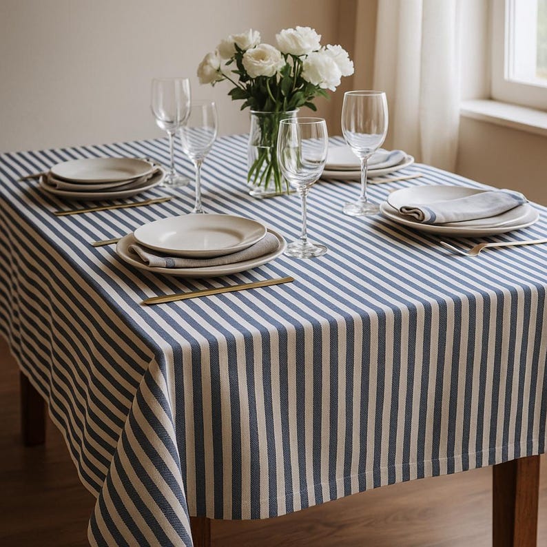 Red and White Striped Cotton Tablecloth Round Farmhouse Kitchen Decor