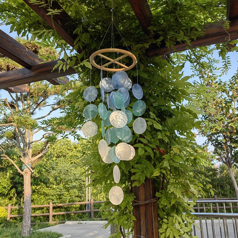 Blue and White Seashell Wind Chime Ocean Breeze Beach House Decor