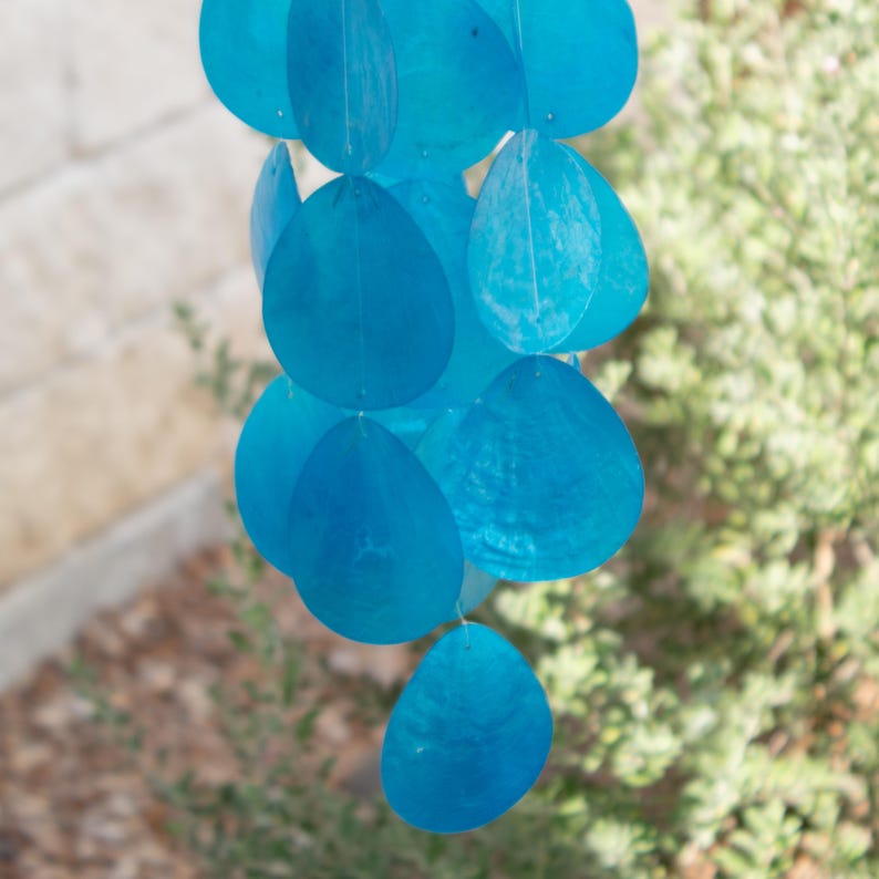 Blue Capiz Shell Wind Chime Teak Wood Waterdrop Coastal Garden Decor