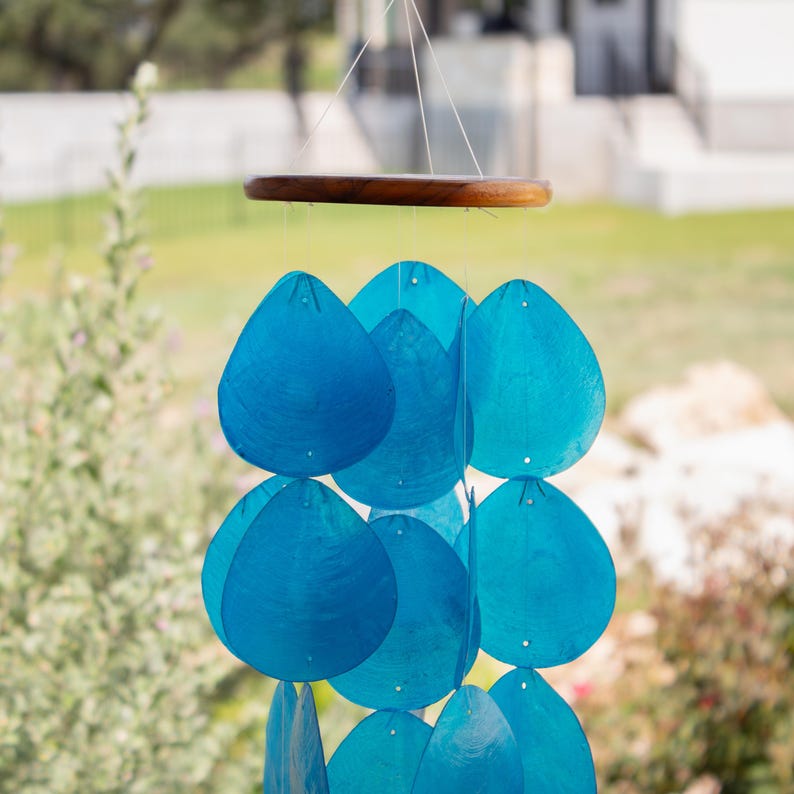 Blue Capiz Shell Wind Chime Teak Wood Waterdrop Coastal Garden Decor
