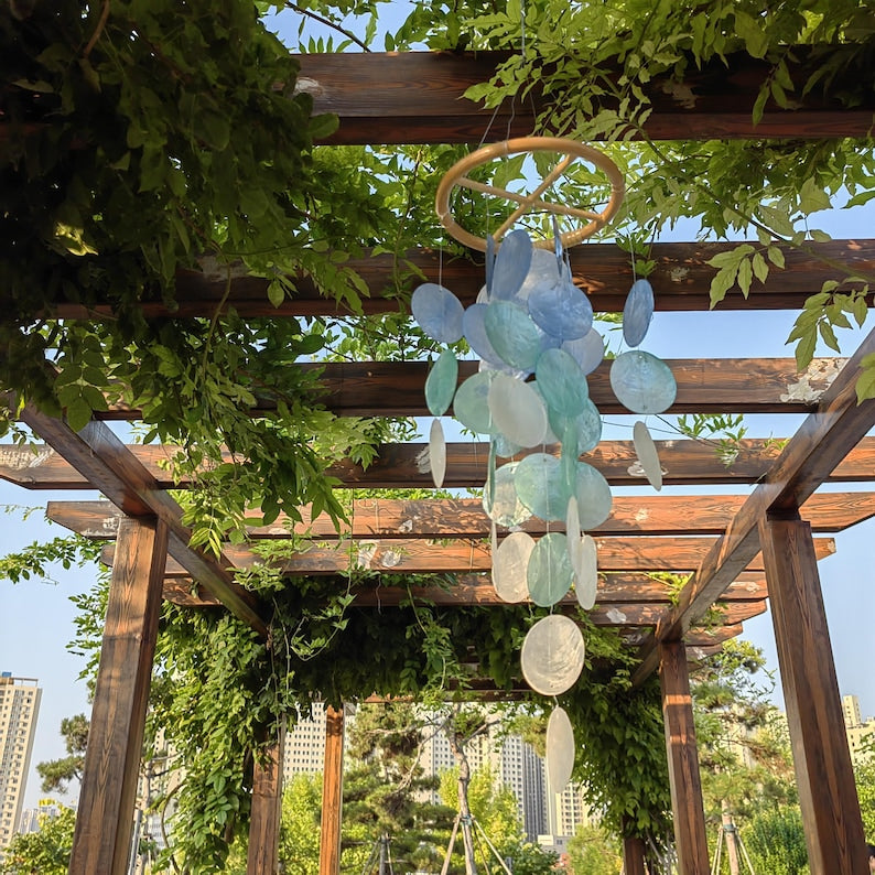 Blue and White Seashell Wind Chime Ocean Breeze Beach House Decor