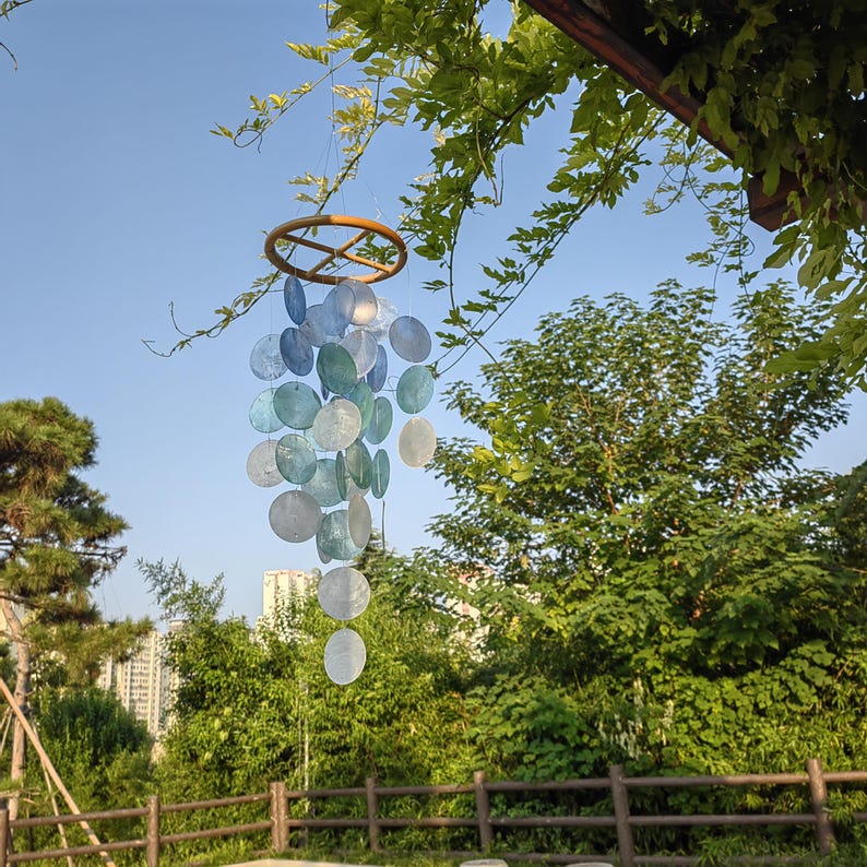 Blue and White Seashell Wind Chime Ocean Breeze Beach House Decor