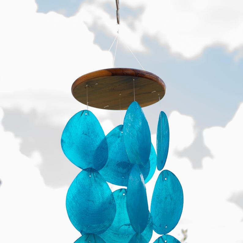 Blue Capiz Shell Wind Chime Teak Wood Waterdrop Coastal Garden Decor