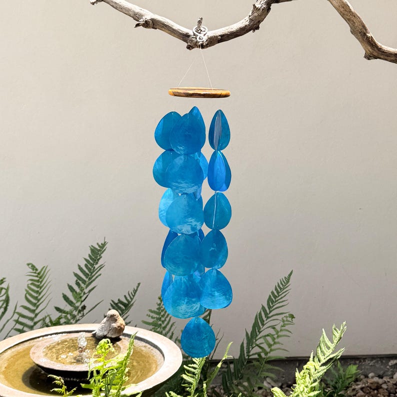 Blue Capiz Shell Wind Chime Teak Wood Waterdrop Coastal Garden Decor