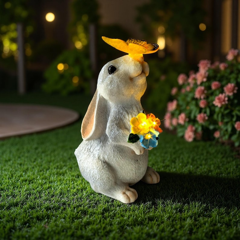 Solar Garden Statue Light Rabbit Resin LED Patio Outdoor Decor